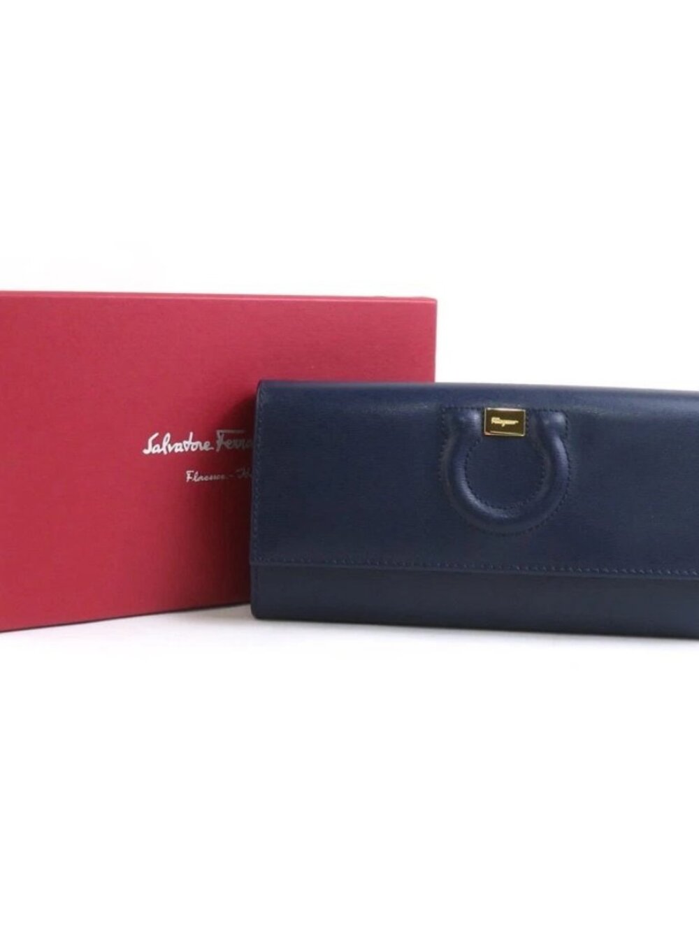 Salvatore Ferragamo Gancini Long Wallet Navy Leather/Goldtone